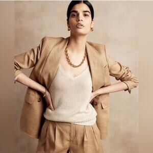 Banana Republic Blazer Tan Iced Latte Linen Double Breasted Academia Classic